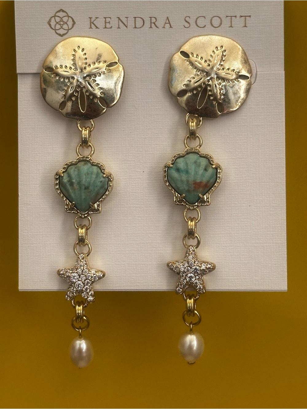 Kendra Scott Gold and Aqua Shell Drop Earrings with Pearl Dangles